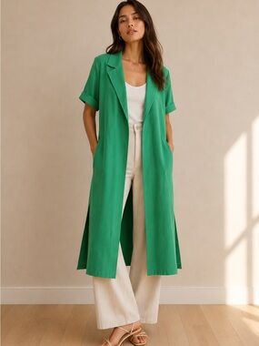Lichi Green Linen Longline Open-Front Midi Dress with Short Sleeves